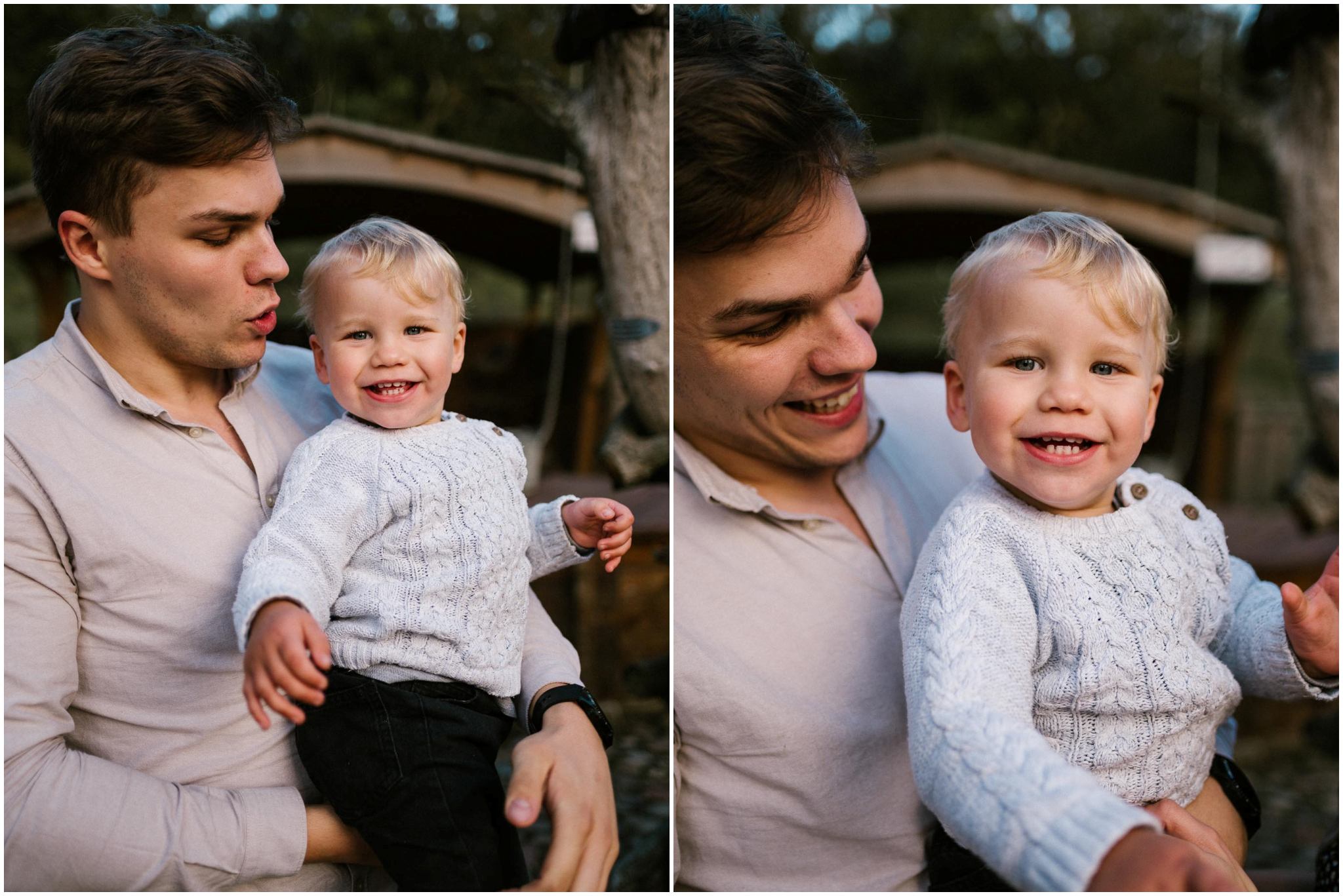 Tata trzyma synka na rękach, synek się uśmiecha - jesienna sesja rodzinna w plenerze Poznań