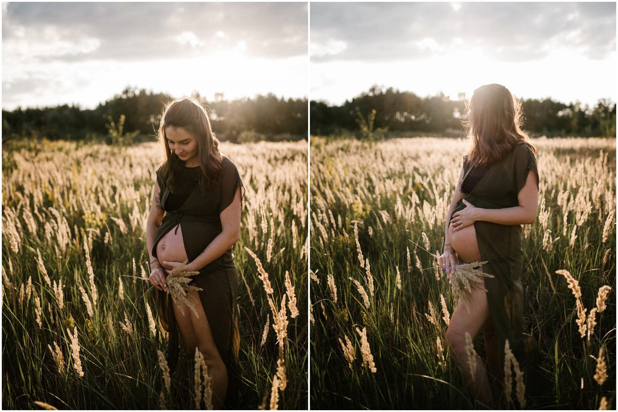 Kobieta z odsłoniętym brzuchem na łące -Sesja ciążowa na polu w plenerze Poznań