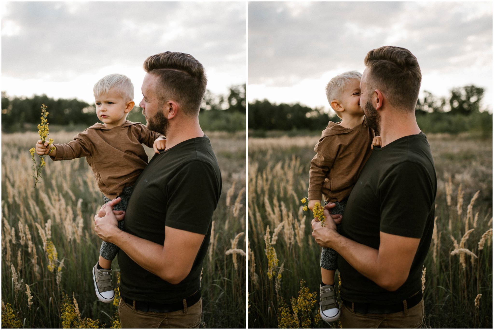 Tata trzyma chłopca na rękach - Sesja ciążowa na łące w plenerze Poznań