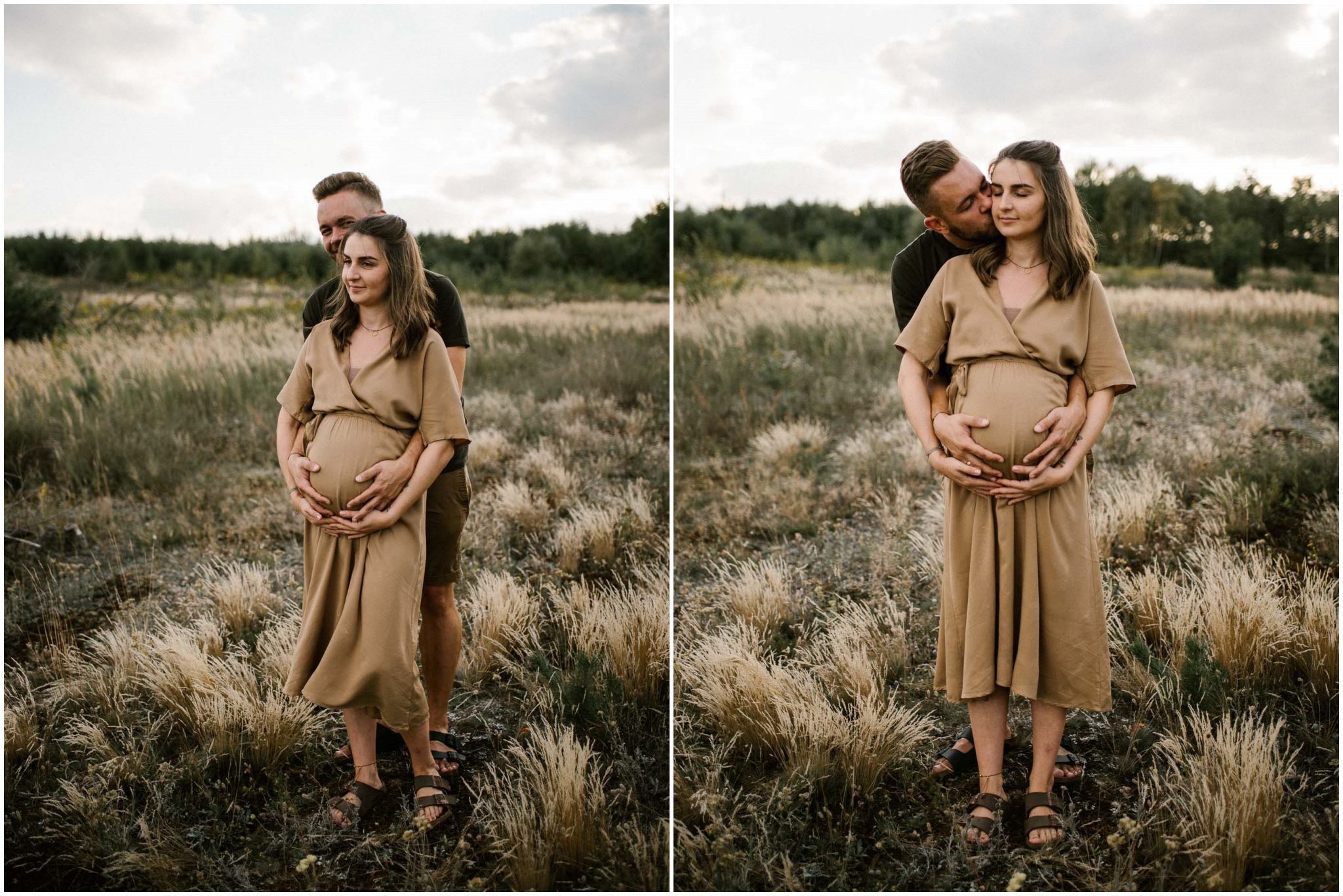 Mąż trzyma żonę za ciążowy brzuch i ją obejmuje - Sesja ciążowa na łące w plenerze Poznań