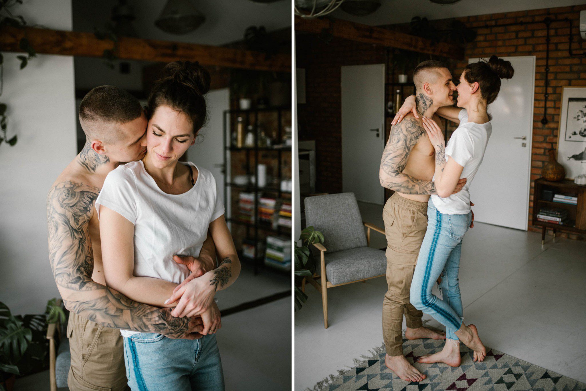 Mężczyzna przytula partnerkę - sesja miłosna w domu w Poznaniu