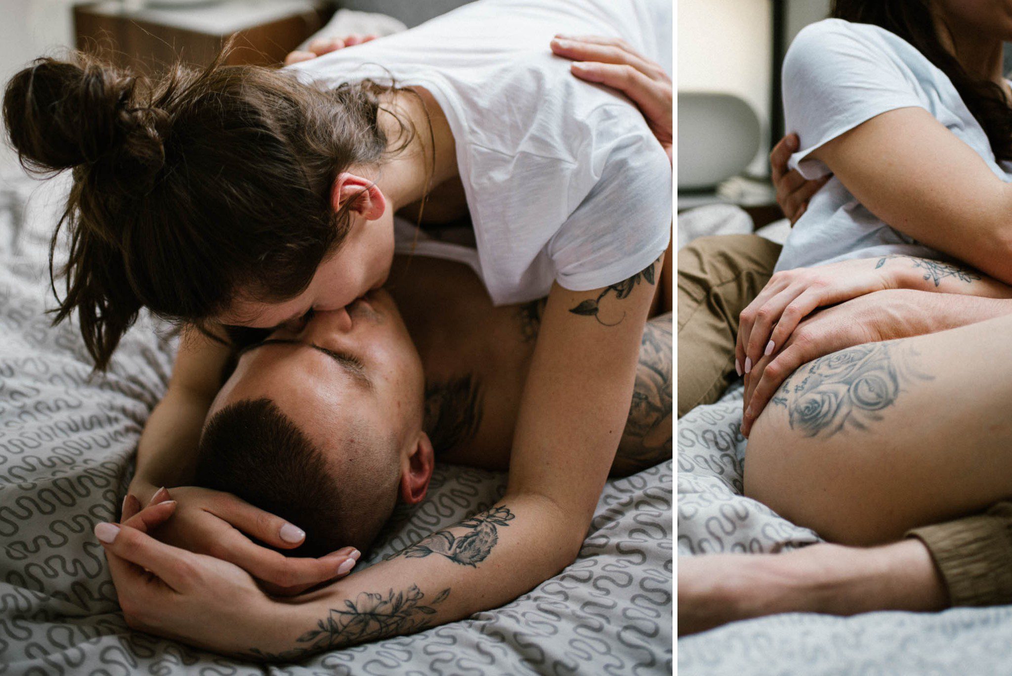 Sensualne zdjęcie pary na łóżku - sesja miłosna w domu w Poznaniu