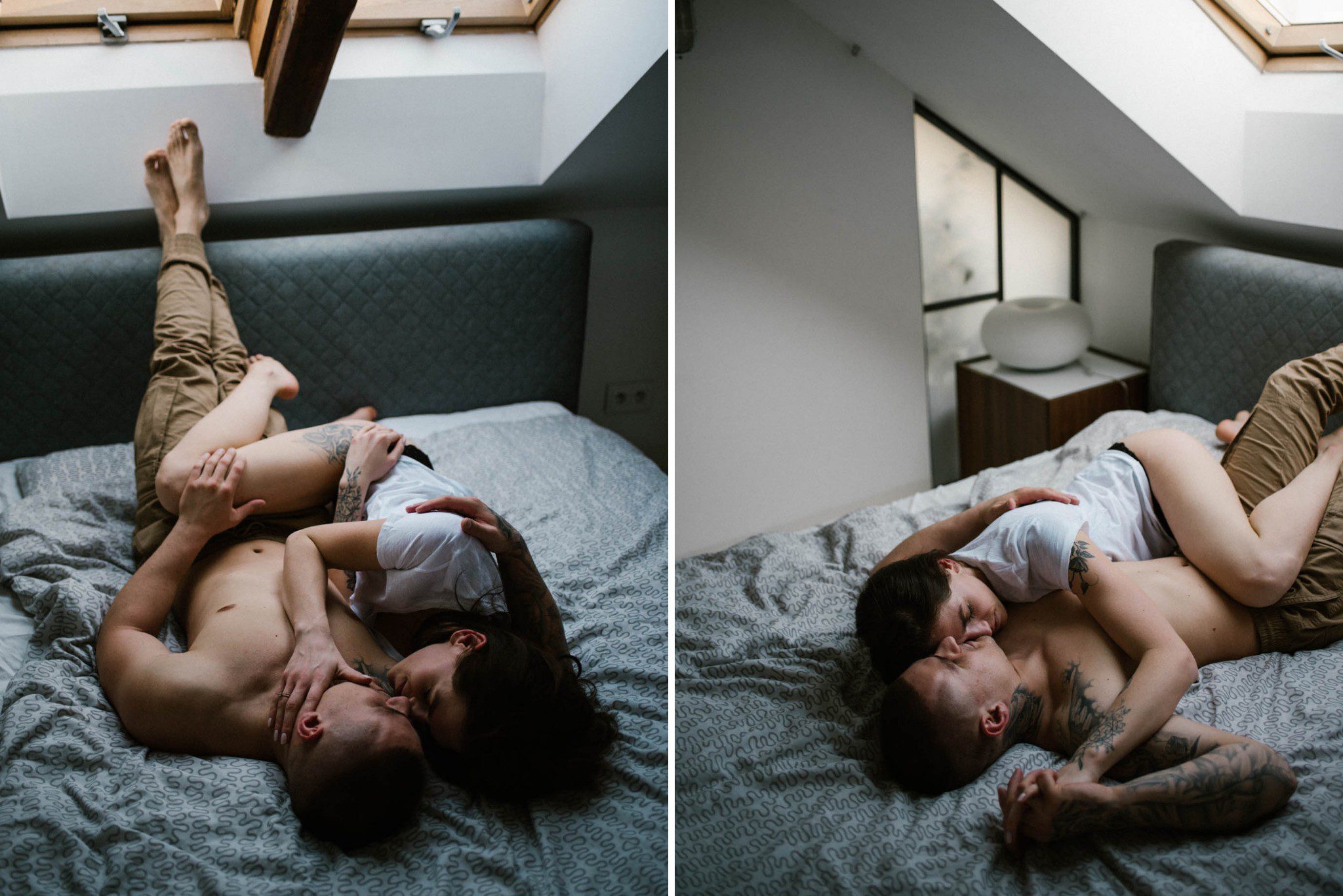 Para przytula się na łóżku leżąc - sesja miłosna w domu w Poznaniu