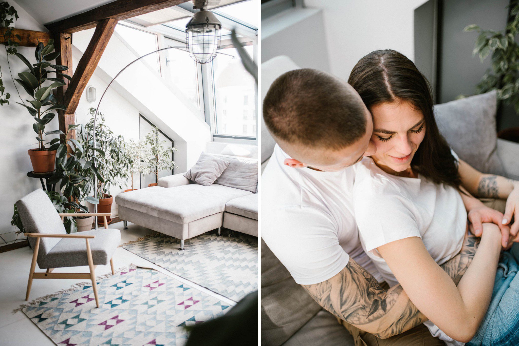 Kobieta i mężczyzna przytulają się na sofie - sesja miłosna lifestyle Poznań Pani Woźna