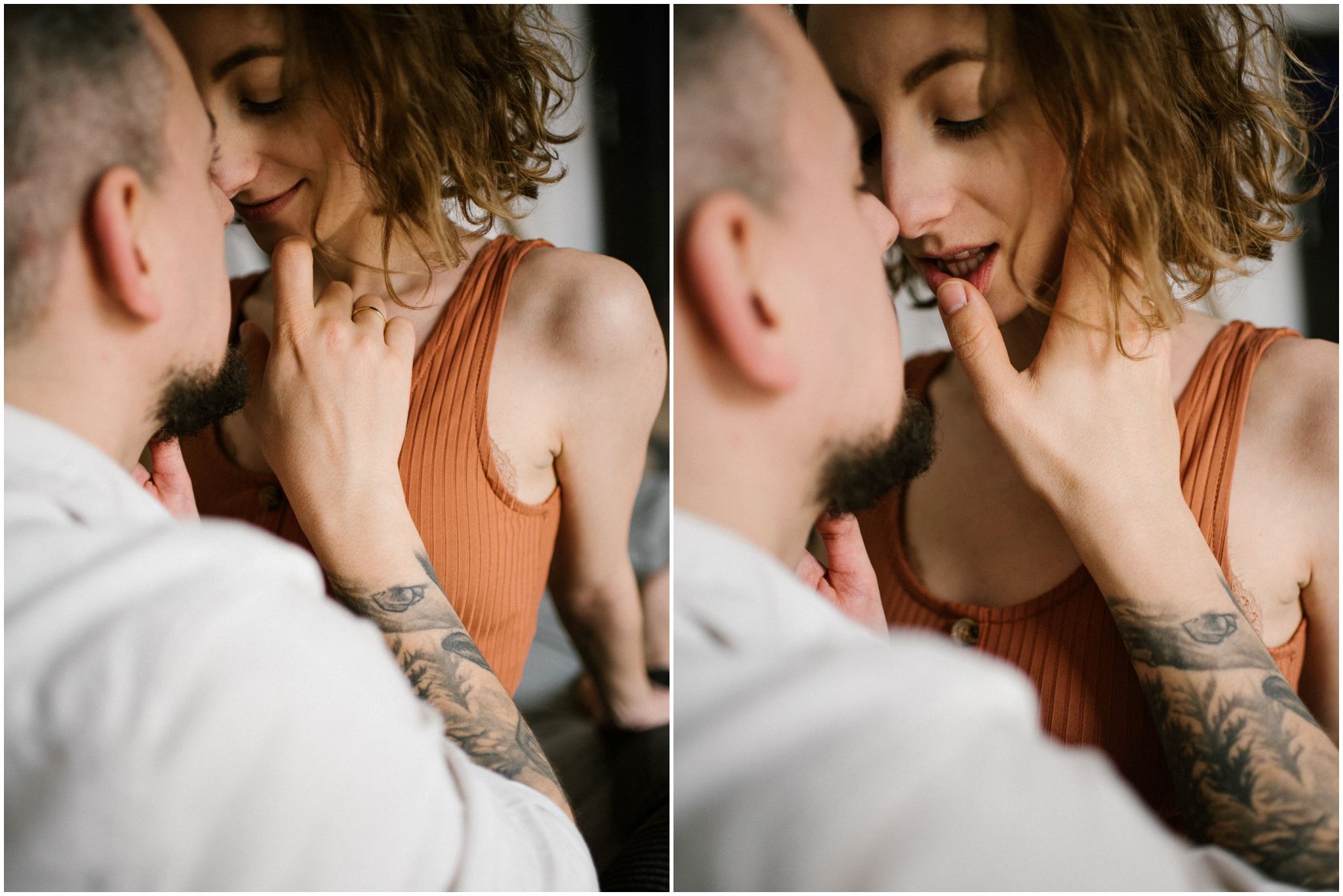 Narzeczeni patrzą sobie w oczy i się przytulają - sesja sensualna pary lifestyle w Poznaniu