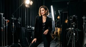 A high-end editorial fashion portrait of a stylish woman with sharp, dramatic studio lighting and pr