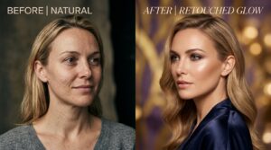 A high-end editorial split-screen composition comparing a raw, natural portrait with a meticulously