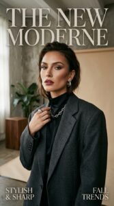 Editorial portrait of a stylish woman with sharp contoured makeup and high-fashion aesthetic, captur