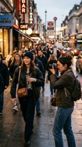 A candid, professional editorial shot of a street photographer holding a camera, capturing a stylish