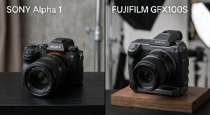 A professional editorial split-screen composition comparing two high-end mirrorless cameras side-by-