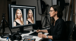 A professional editorial-style shot of a photographer reviewing polished portraits of a celebrity on
