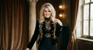 A professional editorial portrait of Heather Locklear with a glamorous 90s aesthetic, styled in high