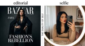 A professional split-screen editorial composition comparing a polished, studio-lit professional fash