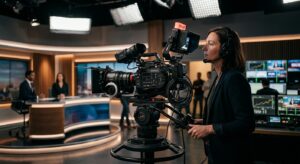 A professional cinematic shot of a high-end broadcast camera setup inside a modern, softly lit telev